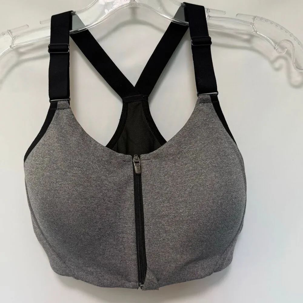 All in motion padded gray black front zip sport bra size 34C